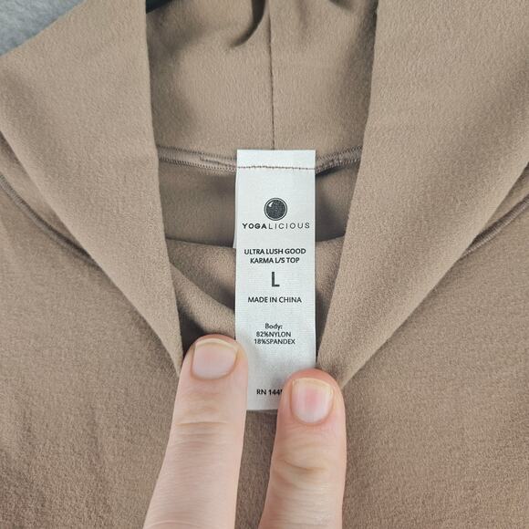 Yogalicious Taupe Mock Neck Ultra Lush Long Sleeve Good Karma Top Large - Picture 3 of 6